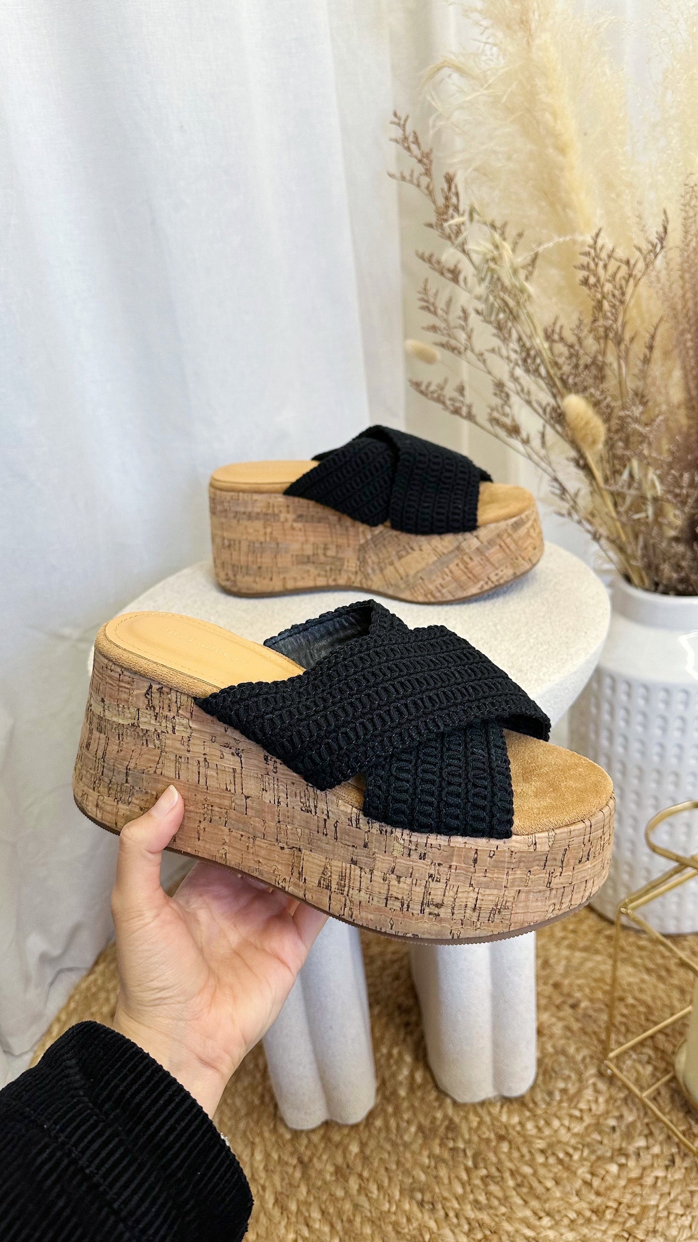 Platform Cork Crochet Sliders - BLACK
