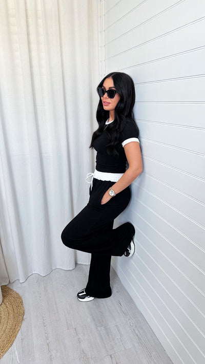 Ribbed Wide Leg Trousers and Crop Top Co-Ord - BLACK