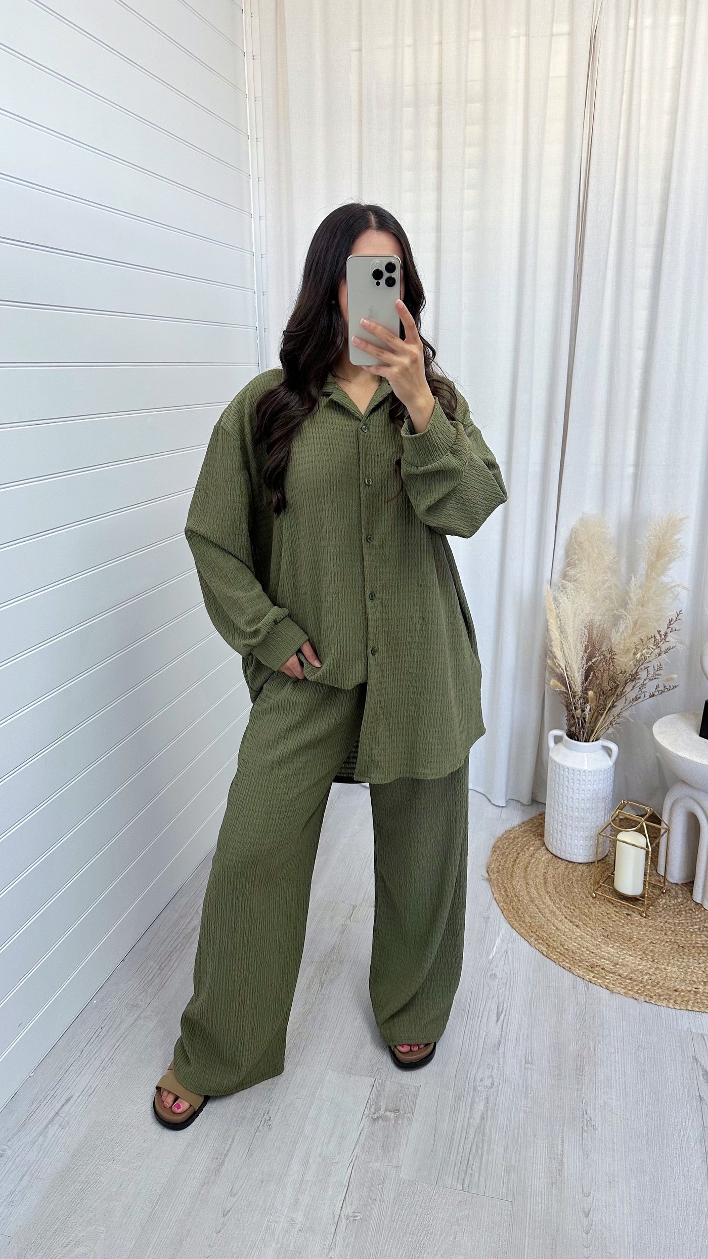 Cheesecloth Shirt and Trousers Co-Ord - KHAKI