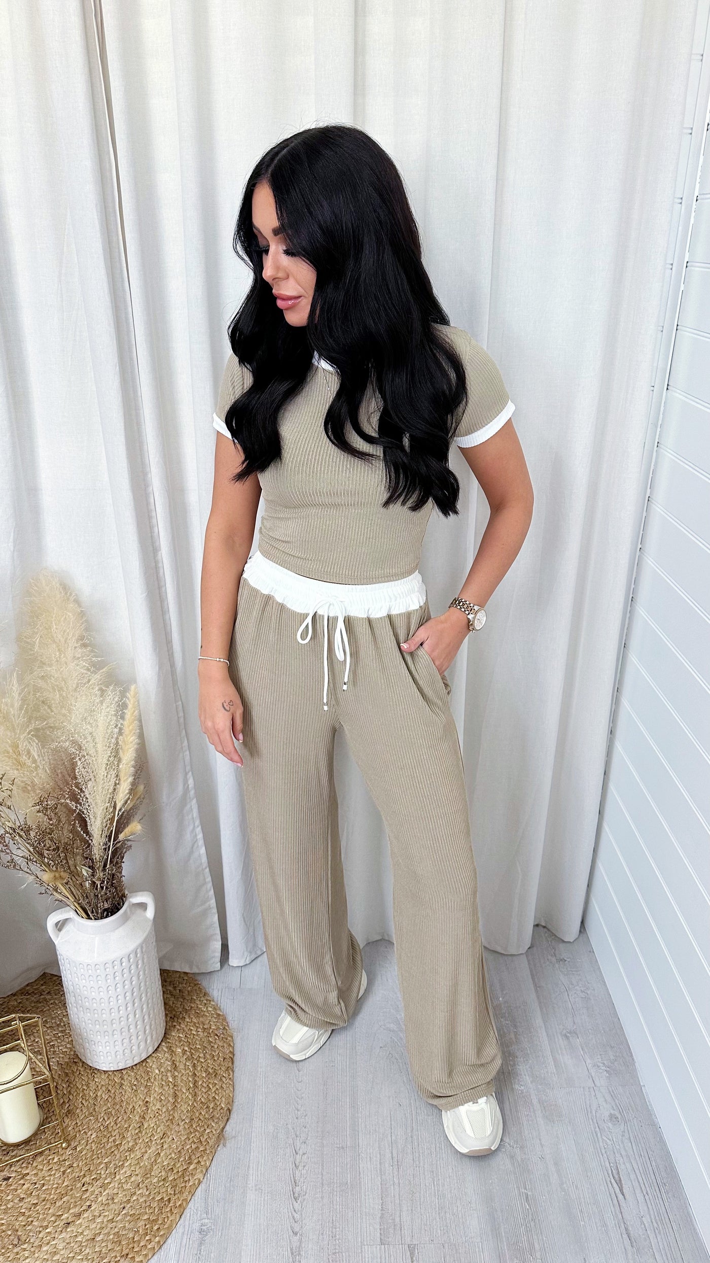 Ribbed Wide Leg Trousers and Crop Top Co-Ord - BEIGE