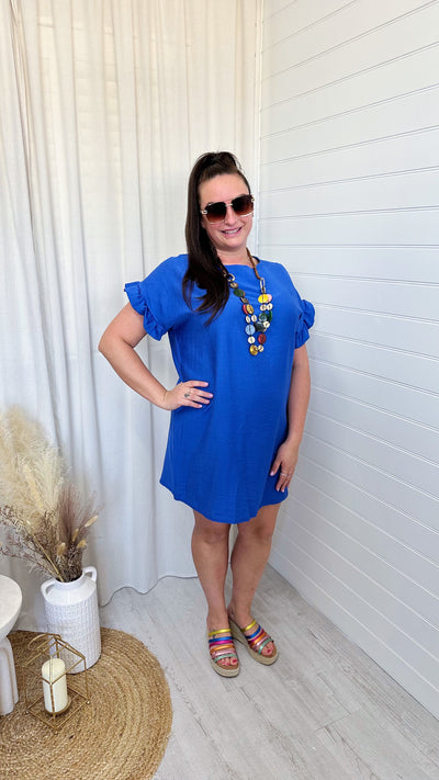 Frill Sleeve Summer Dress with Free Necklace - BLUE