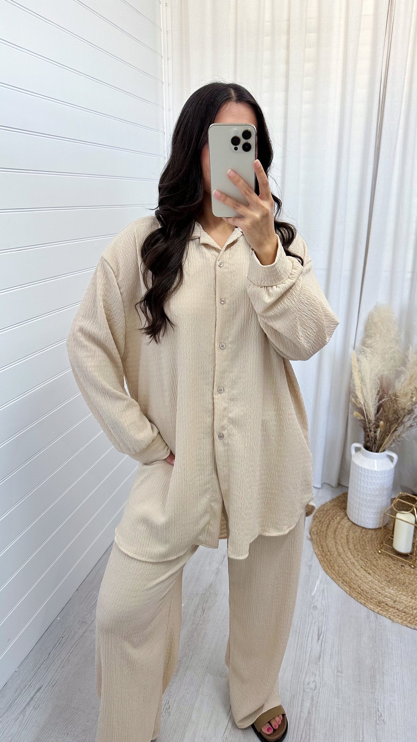 Cheesecloth Shirt and Trousers Co-Ord - BEIGE