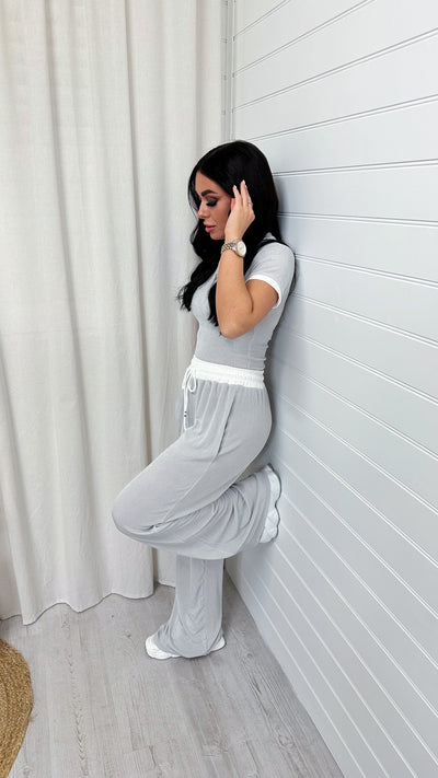 Ribbed Wide Leg Trousers and Crop Top Co-Ord - GREY
