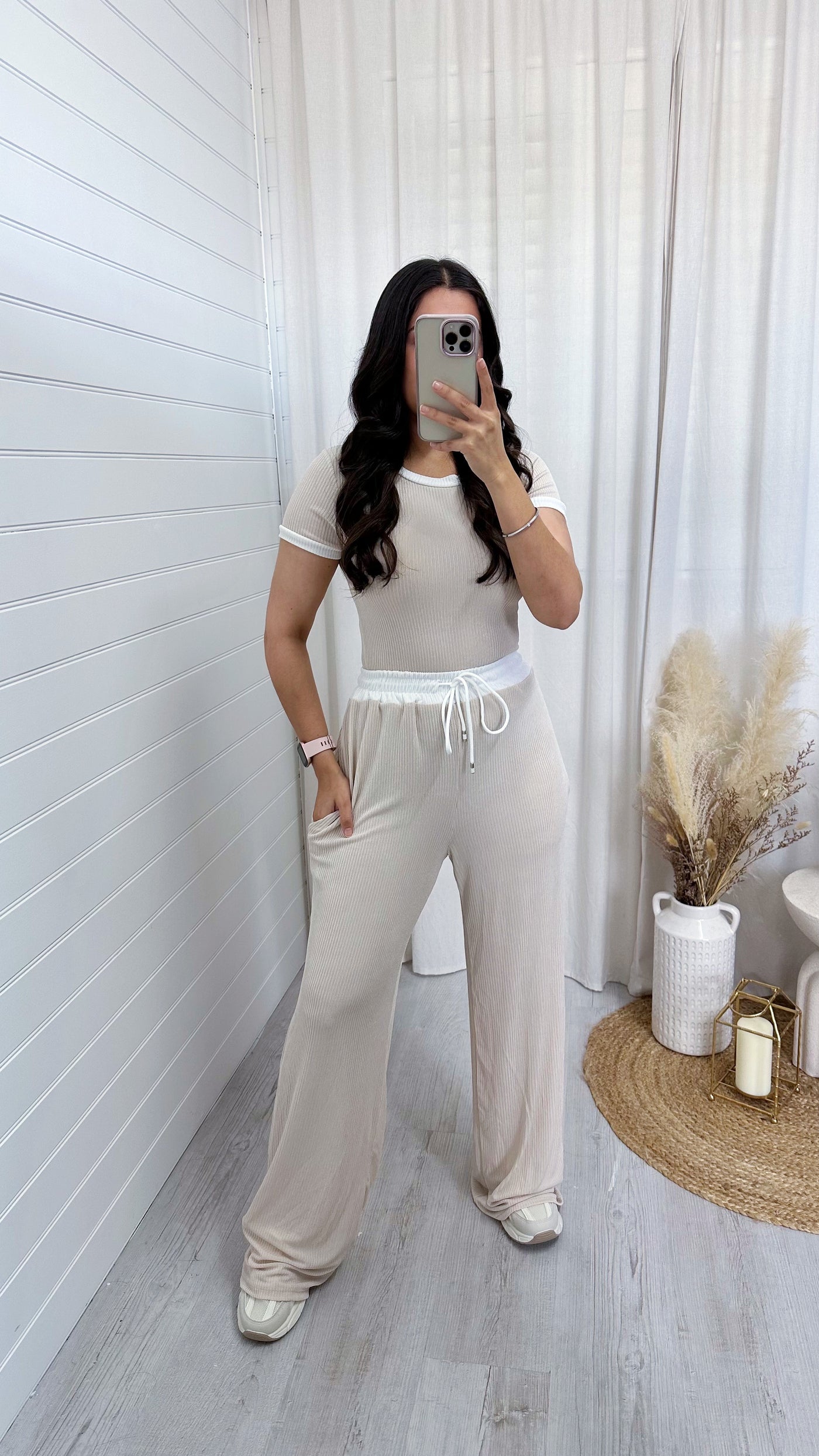 Ribbed Wide Leg Trousers and Crop Top Co-Ord - CREAM