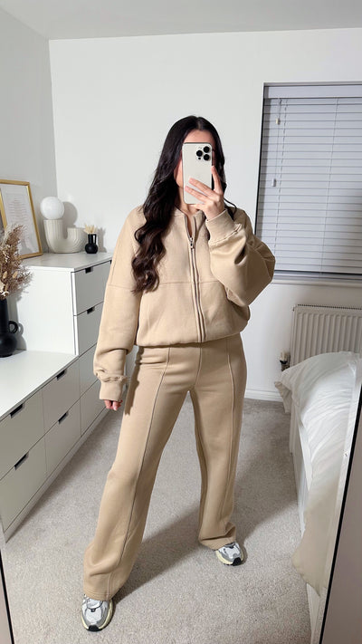 Bomber Jacket and Seam Front Joggers Tracksuit - DARK BEIGE