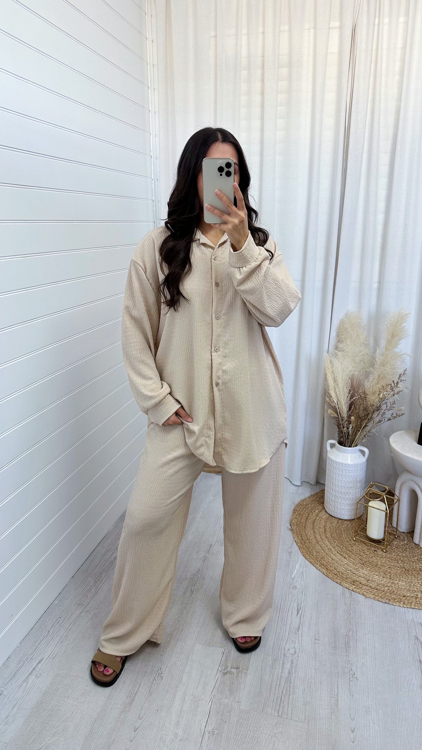 Cheesecloth Shirt and Trousers Co-Ord - BEIGE