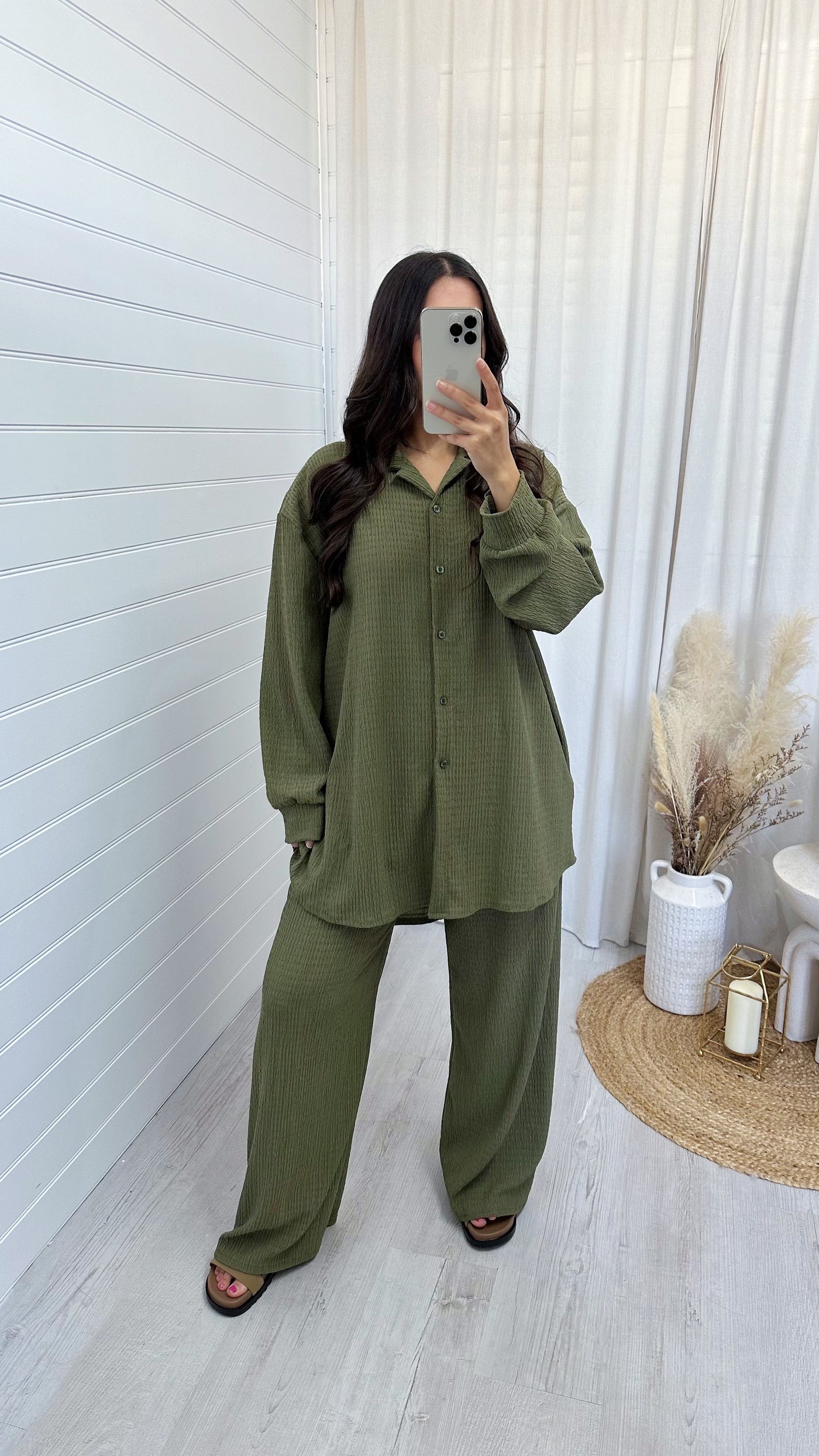 Cheesecloth Shirt and Trousers Co-Ord - KHAKI