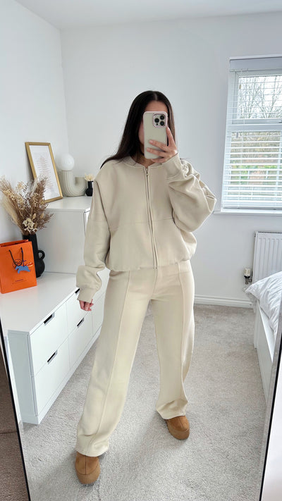 Bomber Jacket and Seam Front Joggers Tracksuit - LIGHT BEIGE