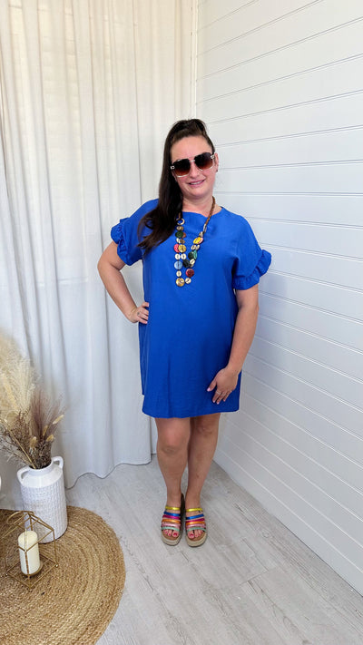 Frill Sleeve Summer Dress with Free Necklace - BLUE