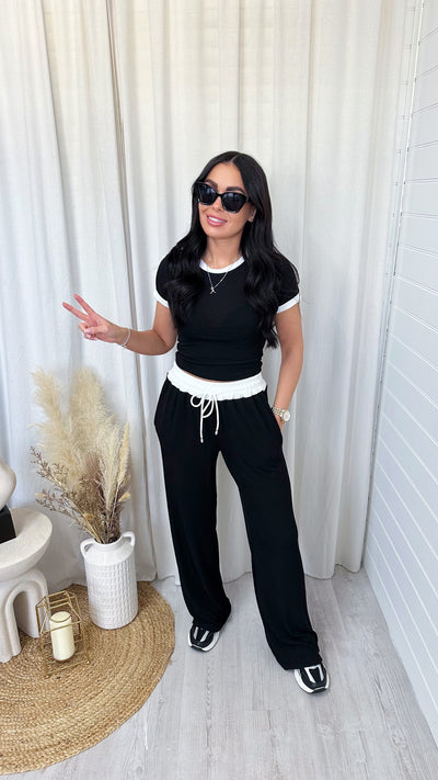Ribbed Wide Leg Trousers and Crop Top Co-Ord - BLACK