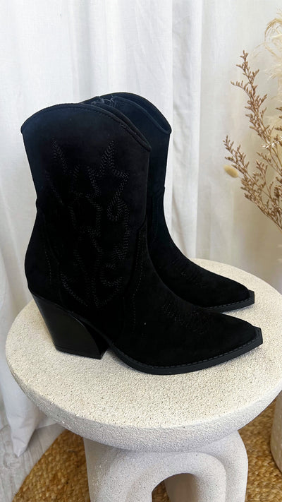 Embroidered Suede Cowboy Boots - BLACK