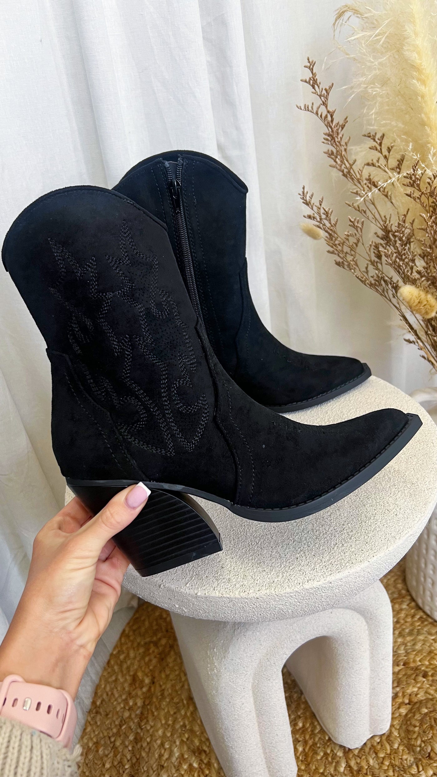 Embroidered Suede Cowboy Boots - BLACK