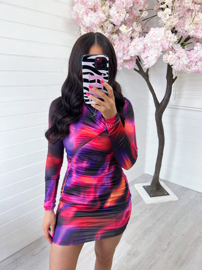 Ruched Front Long Sleeve Dress - BLACK + PINK