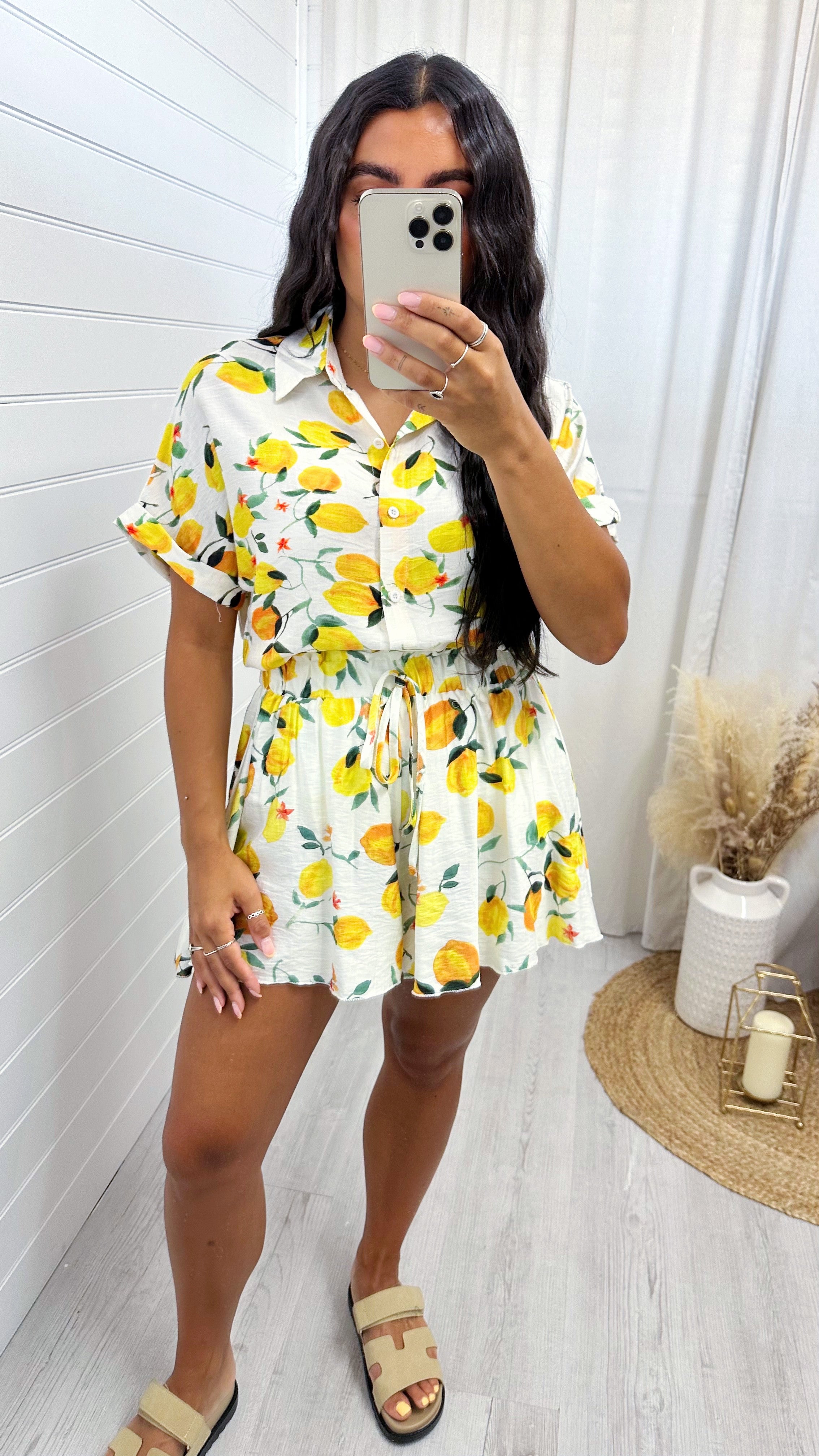 Lemon Print Shirt and Shorts Co-Ord - WHITE