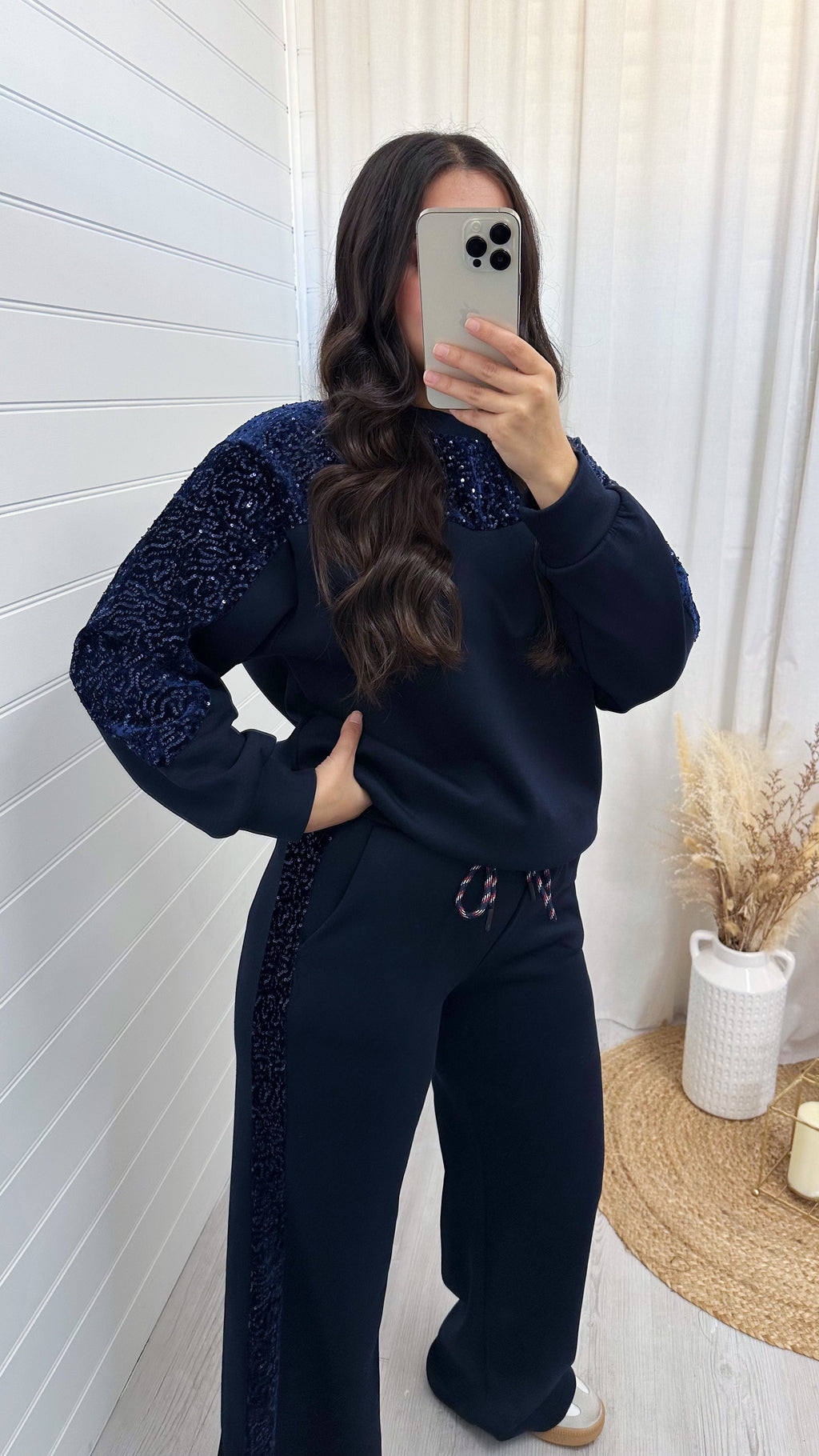 Sequin Sleeve Sweatshirt and Joggers Tracksuit - NAVY