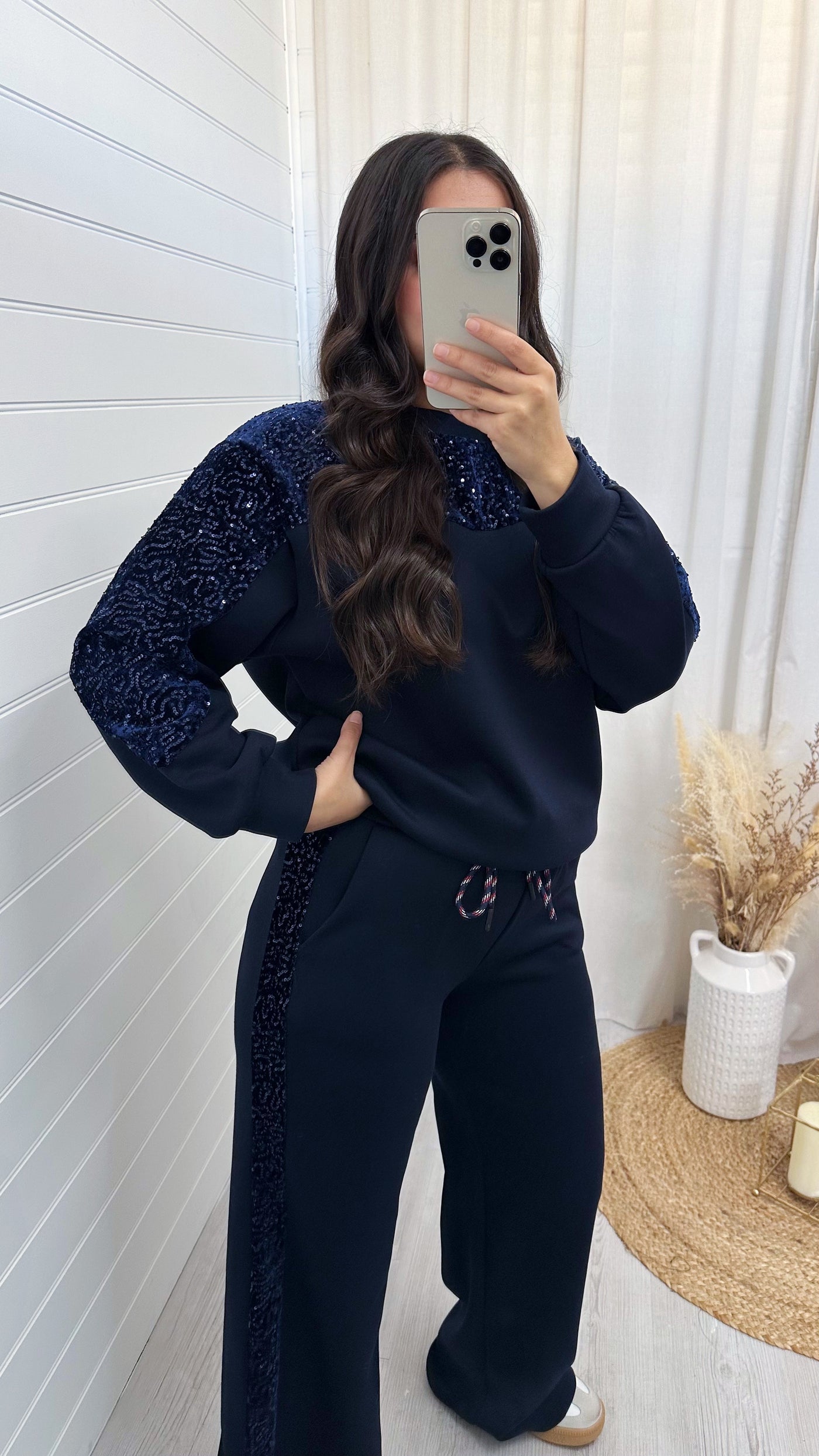 Sequin Sleeve Sweatshirt and Joggers Tracksuit - NAVY