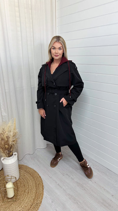 Premium Hooded Lightweight Mac - BLACK/WINE