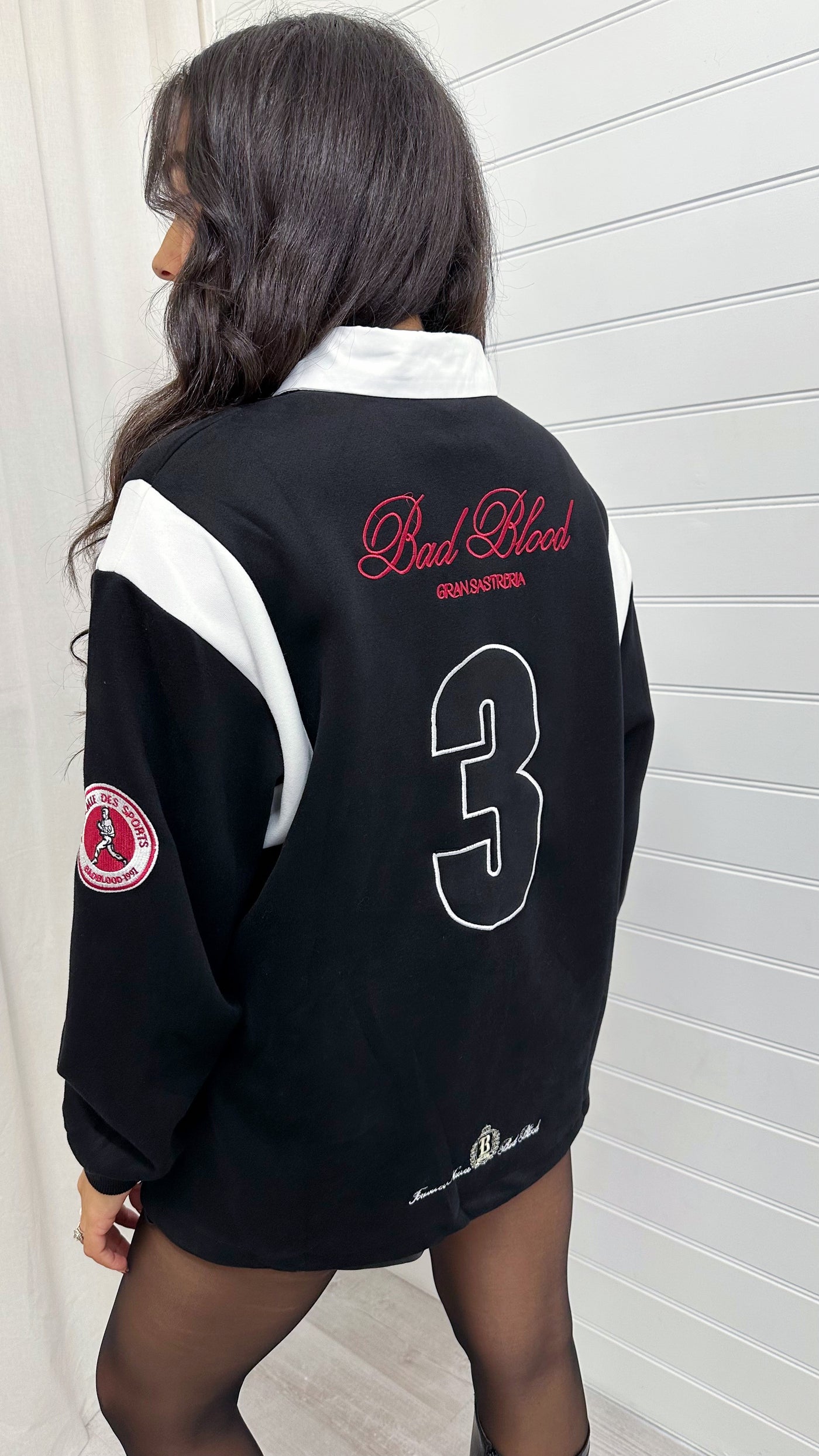 'Bad Blood' Embroidered Slogan Collared Sweatshirt - BLACK