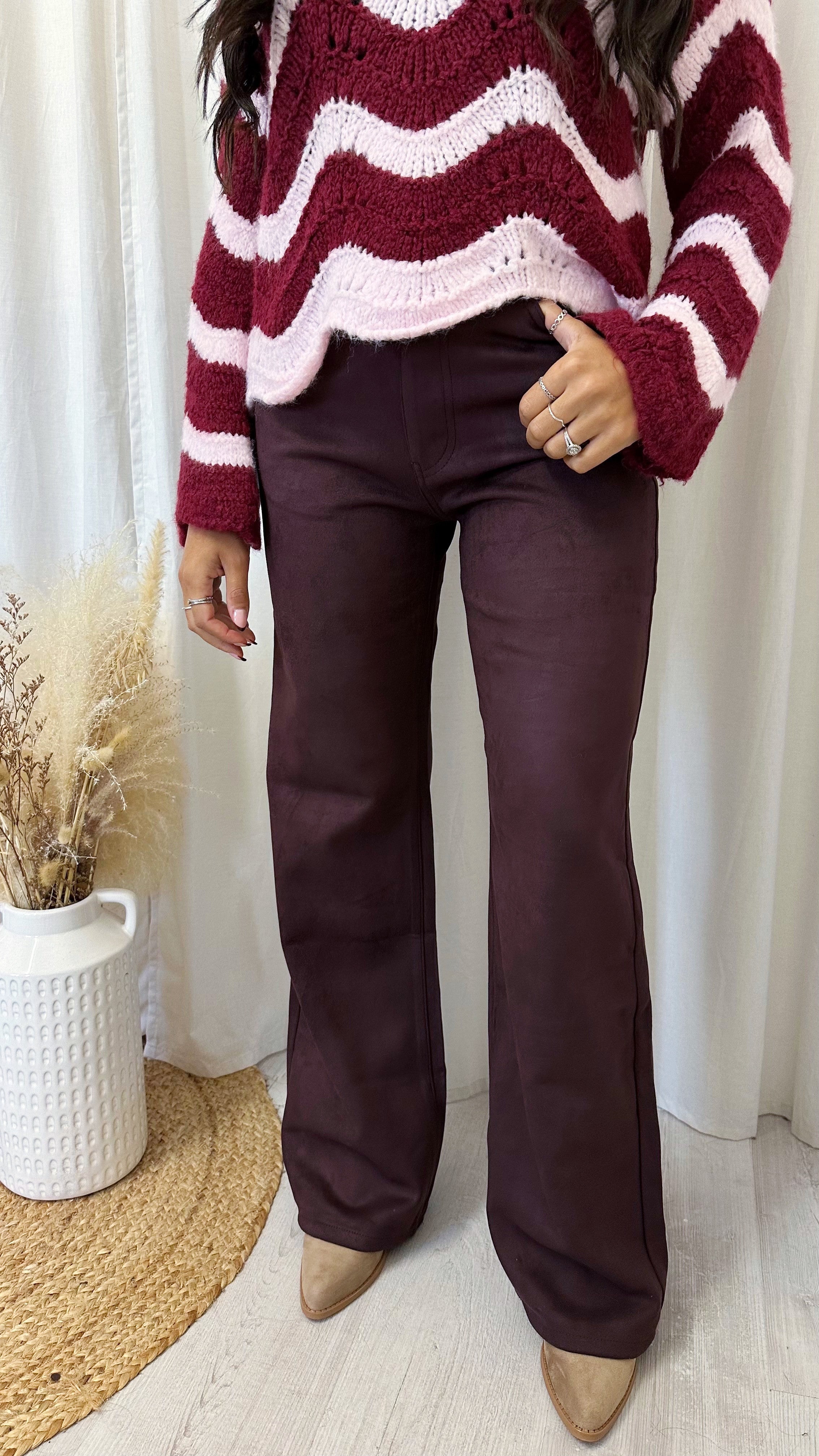 Suede Straight Leg High Waisted Jeans - WINE