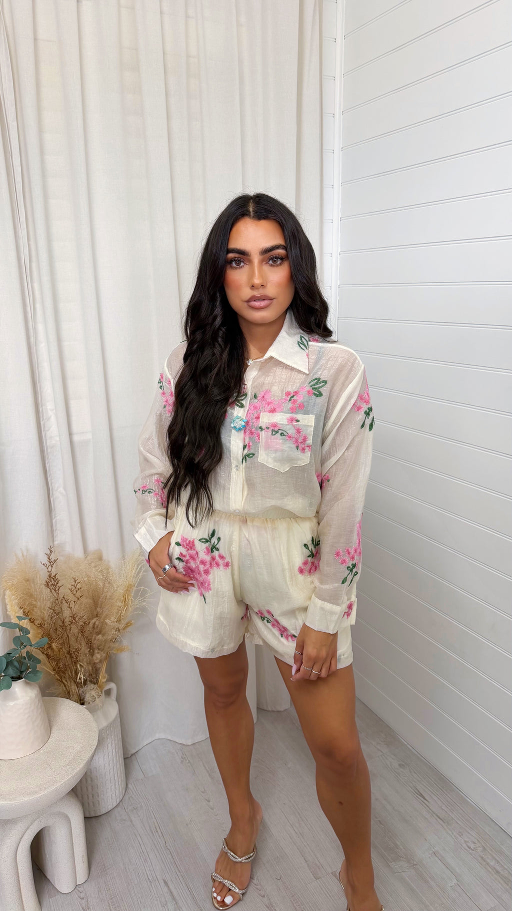 Sheer Floral Embroidered Shirt and Shorts Co-Ord - CREAM