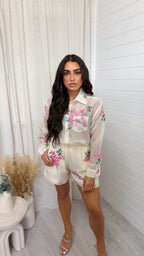 Sheer Floral Embroidered Shirt and Shorts Co-Ord - CREAM