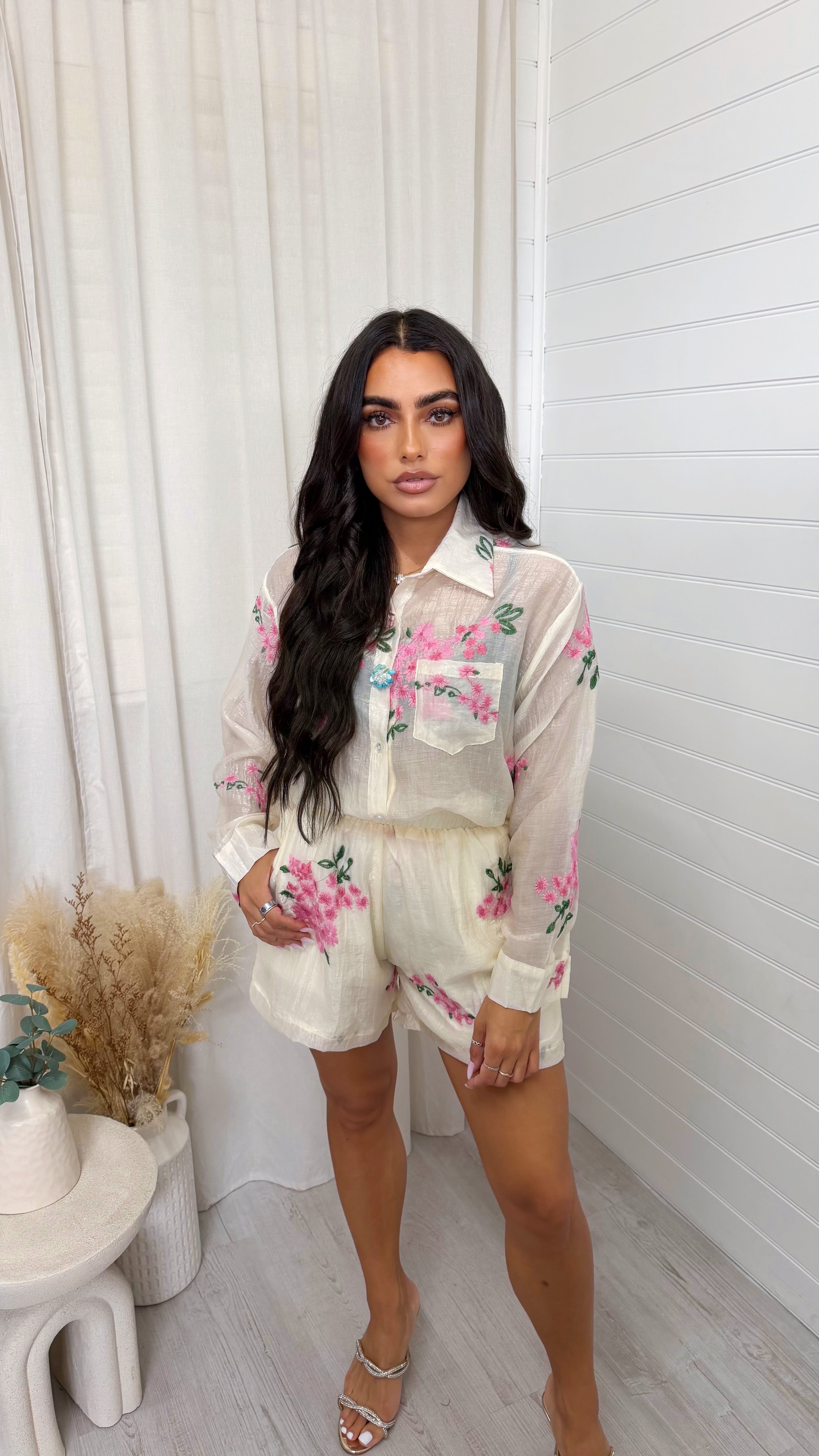 Sheer Floral Embroidered Shirt and Shorts Co-Ord - CREAM