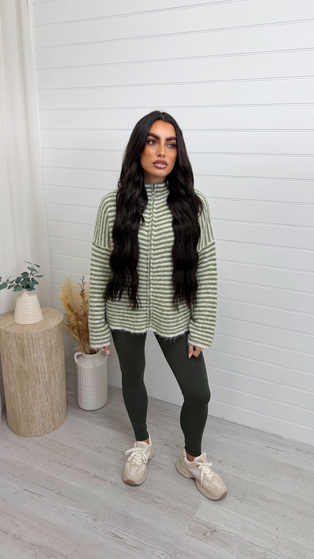 Stripe Zip Woollen Jacket  - KHAKI