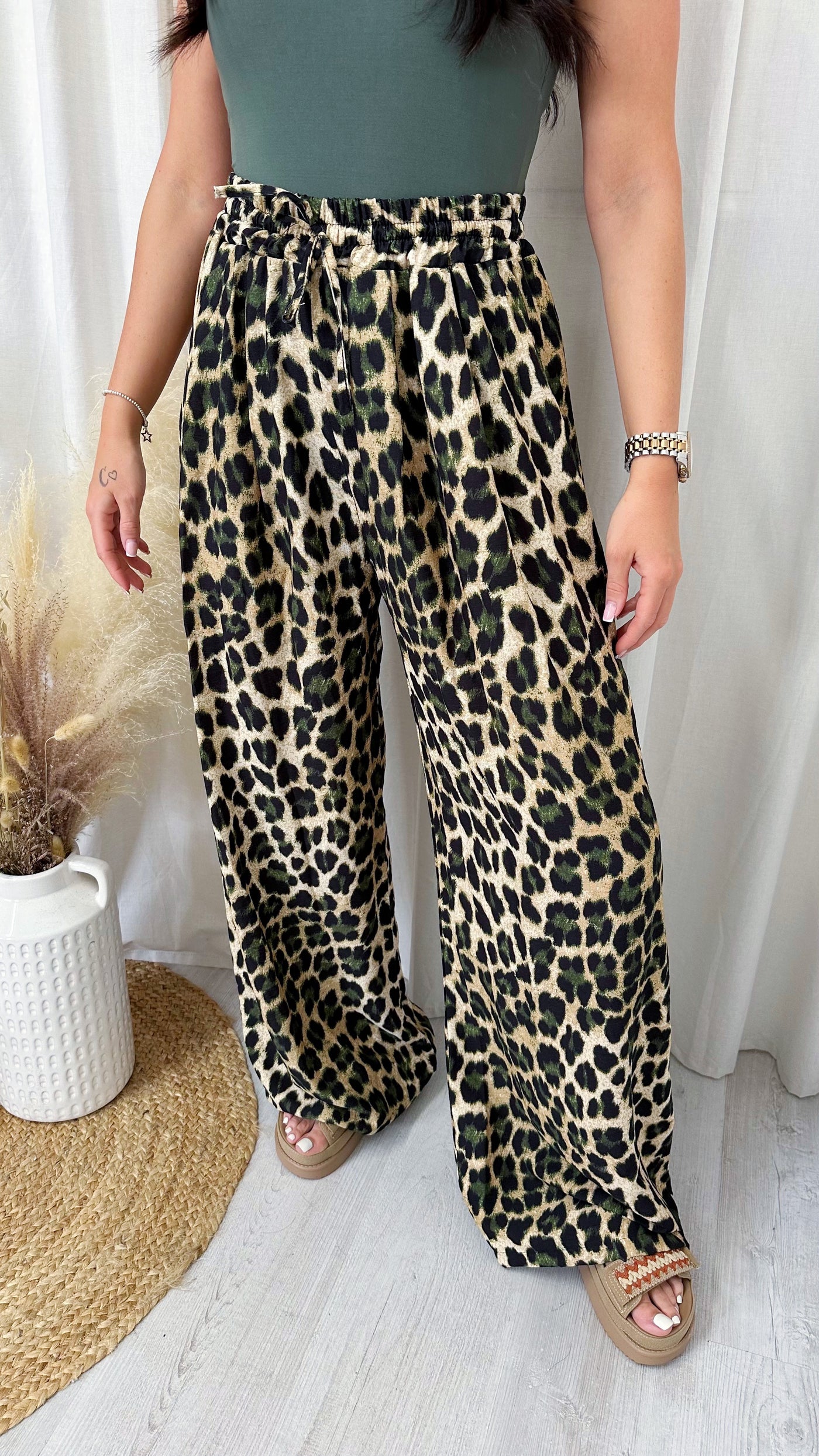 Leopard Print Wide Leg Trousers - KHAKI LEOPARD