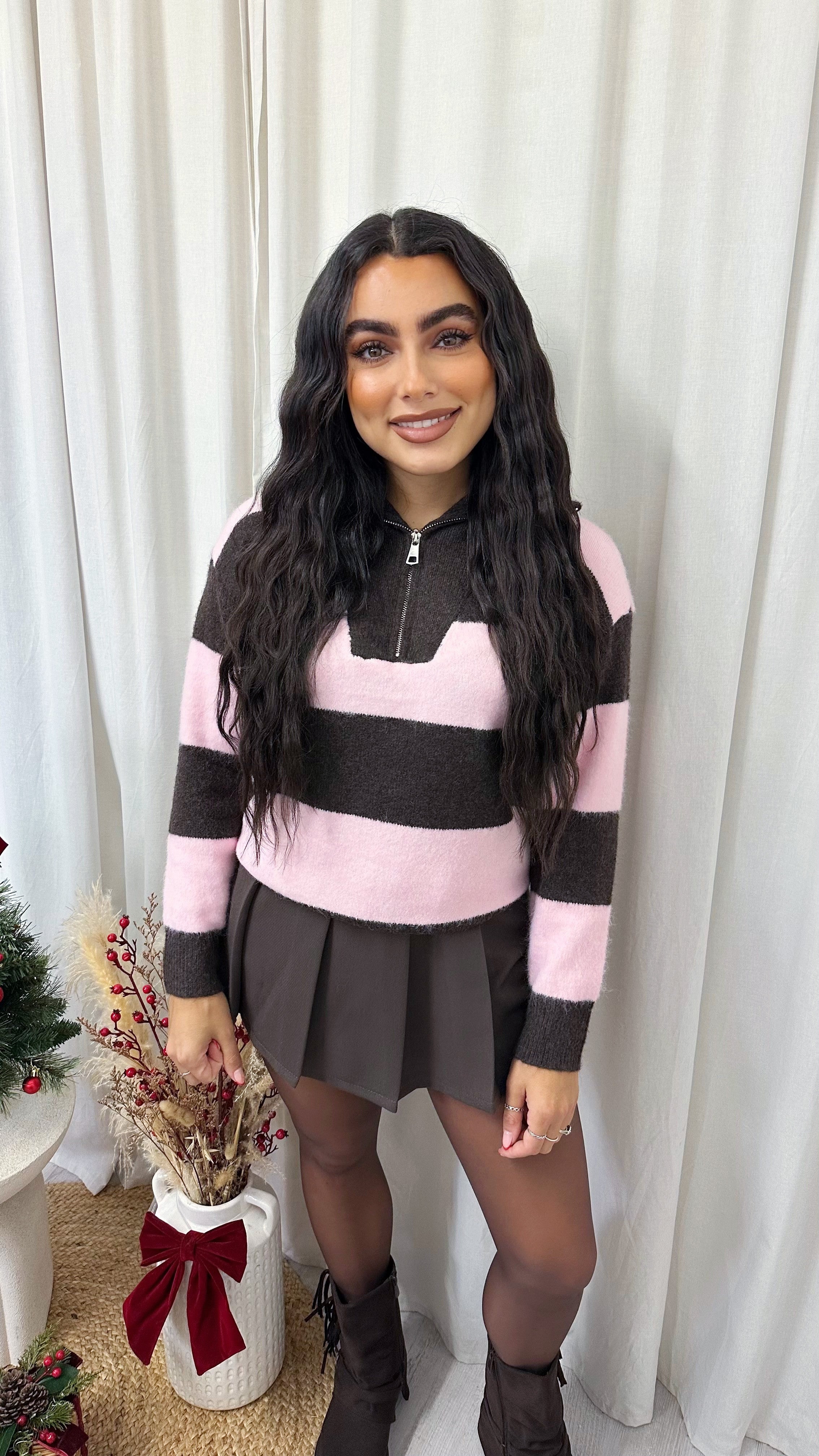 Soft Woollen Stripey Half Zip Jumper - BROWN/PINK