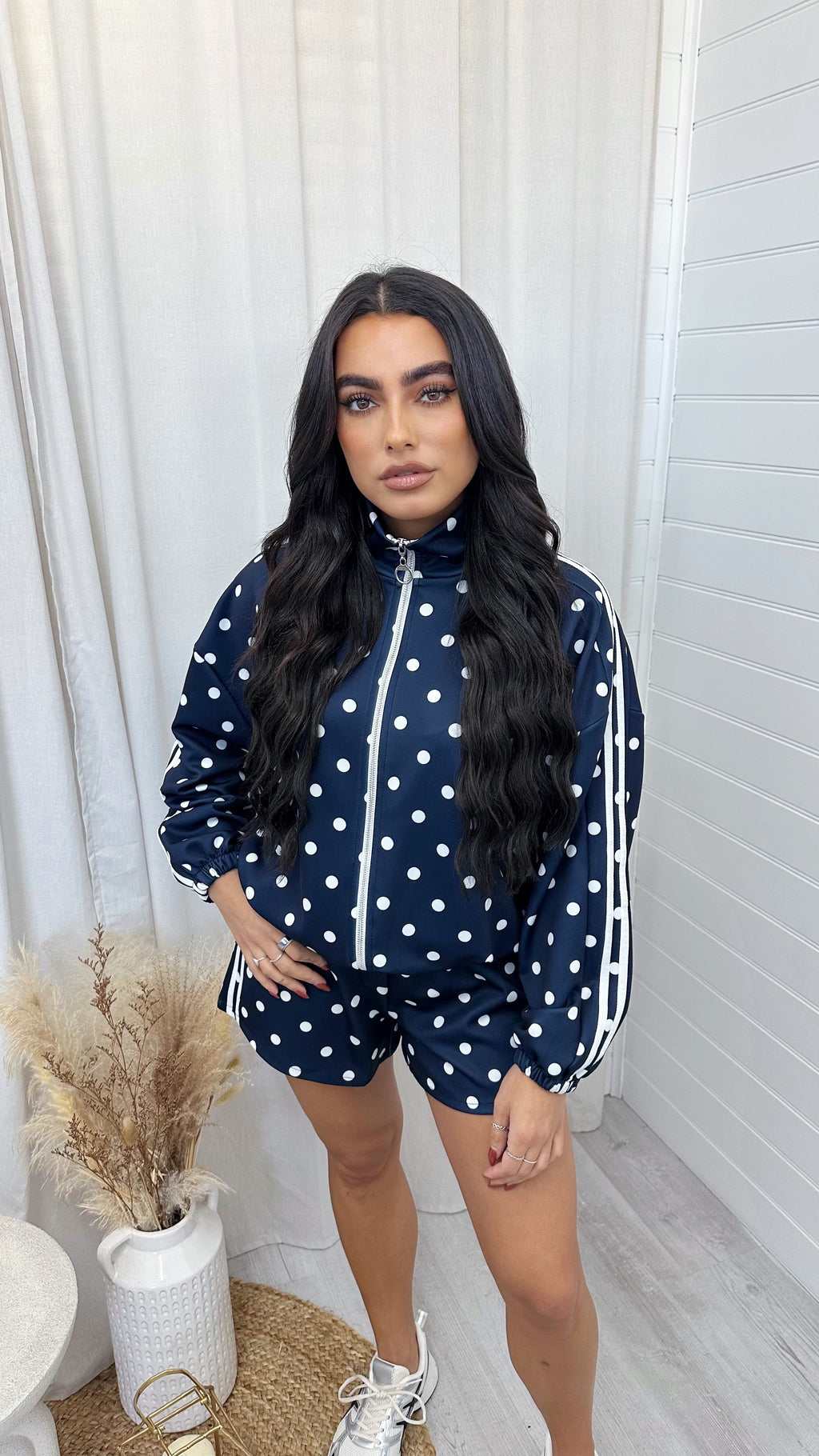 Retro Stripe Polka Dot Jacket and Shorts Co-Ord - NAVY