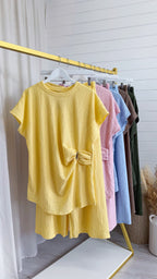 Gold Clasp Ruched Top and Wide Leg Trousers Co-Ord - LEMON