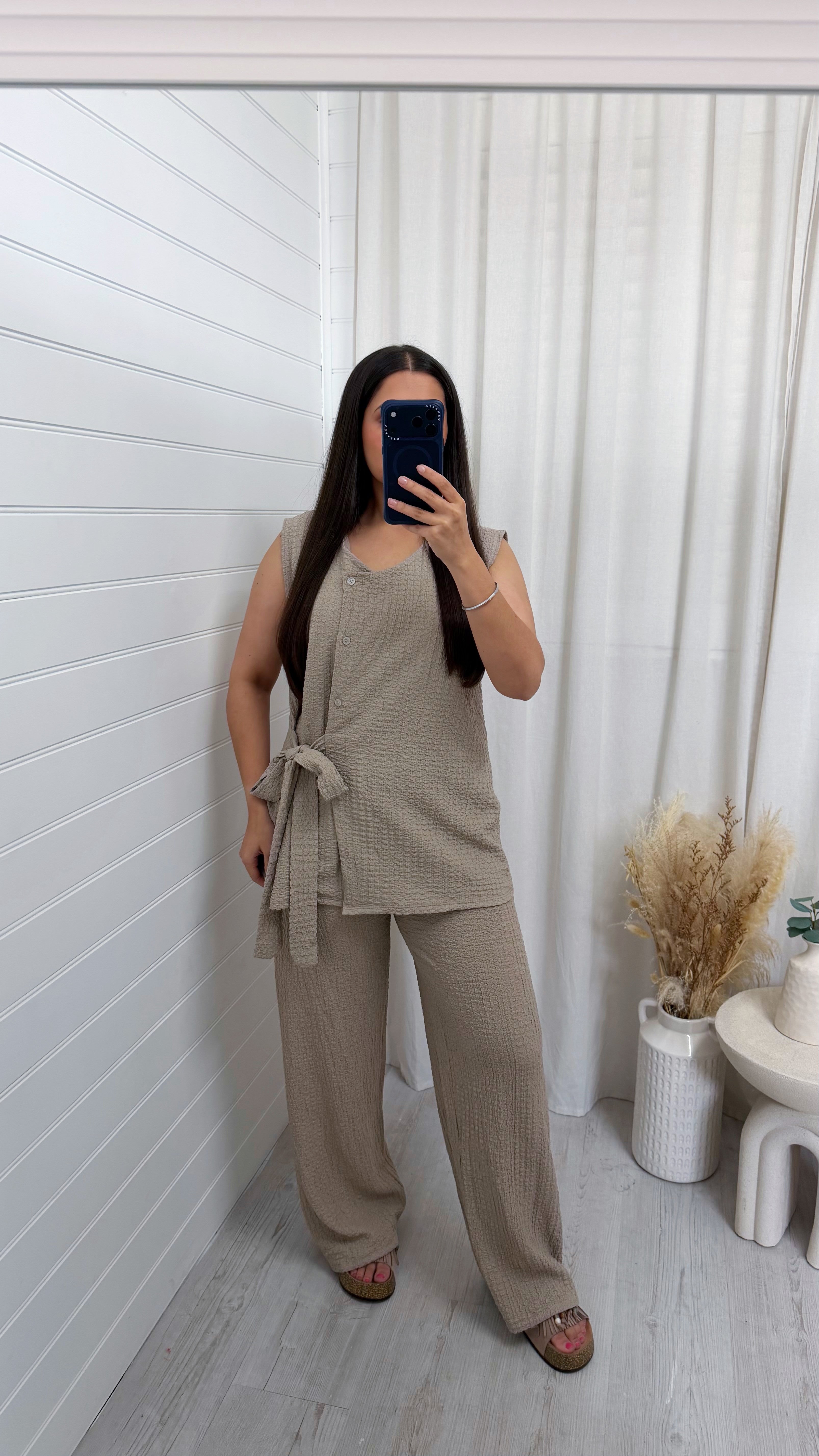 Wrap Over Sleeveless Top and Trousers Co-Ord - BEIGE