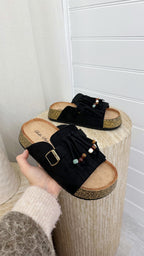 Beaded Suede Fringe Sliders - BLACK