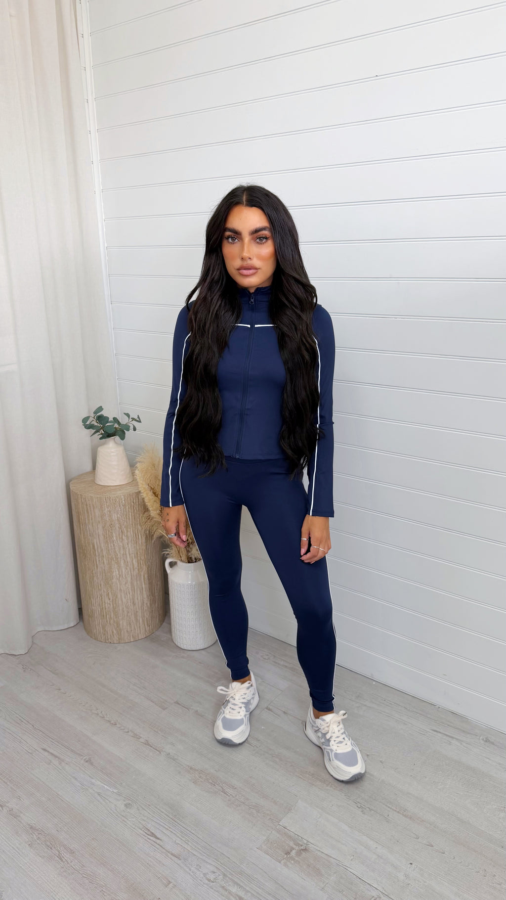 Piped Jacket and Leggings Activewear Set - NAVY