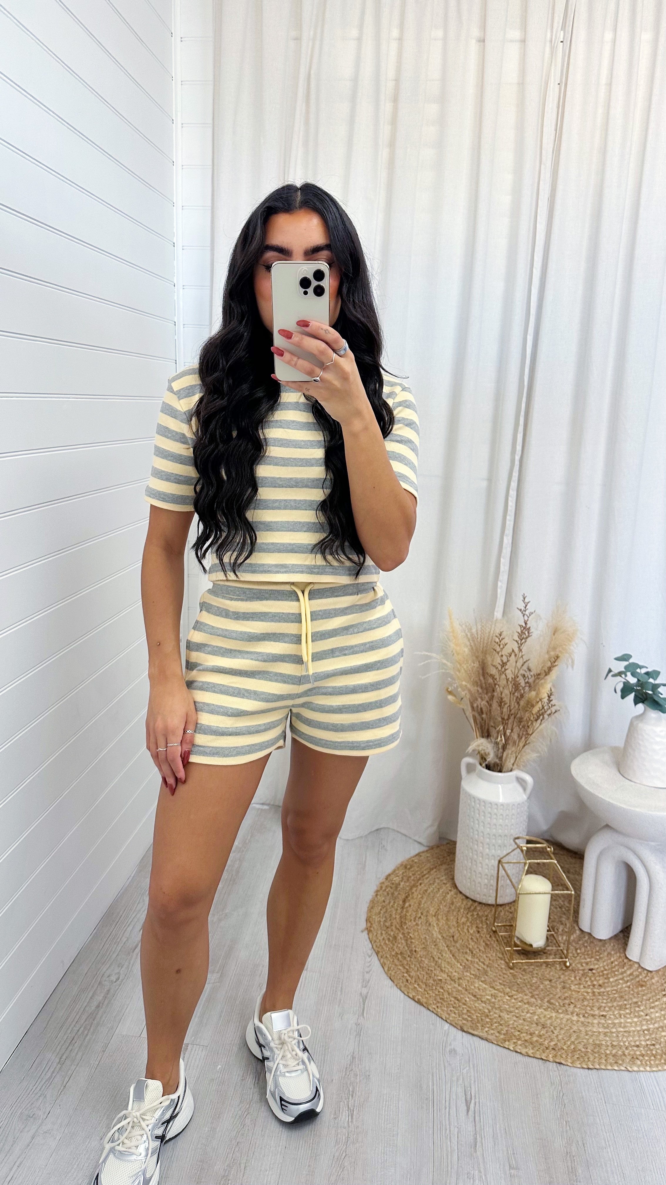 Stripey Rib T-Shirt and Shorts Co-Ord - LEMON