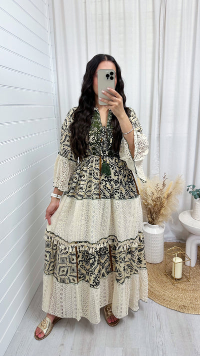 Lace Panel Damask Print Maxi Dress - KHAKI