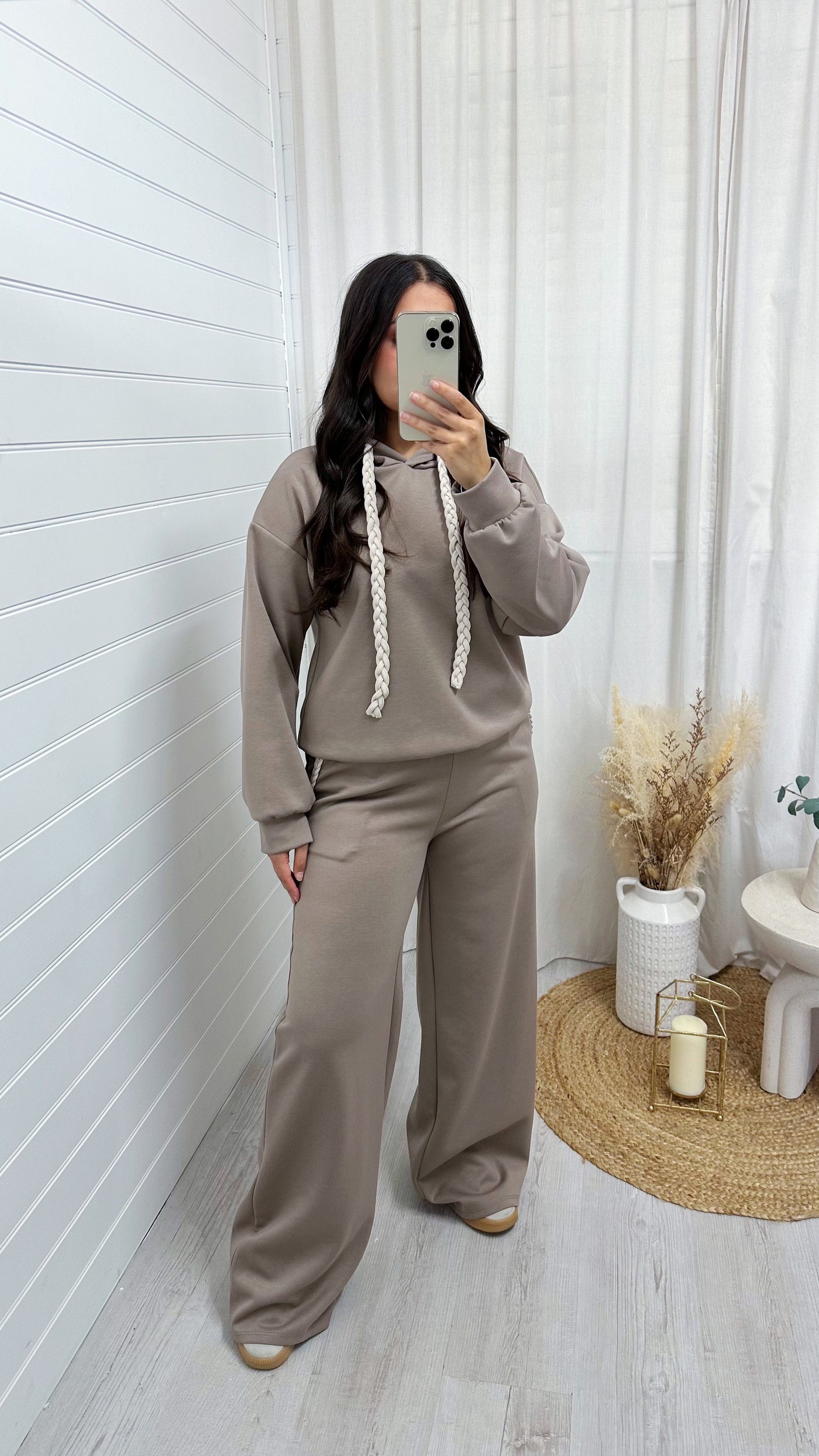 Rope Lace Hoodie and Wide Leg Joggers Co-Ord - MOCHA
