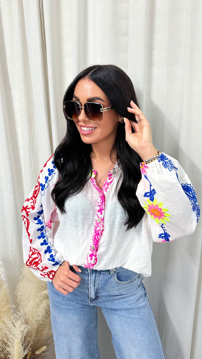 Contrast Embroidered Blouse - WHITE