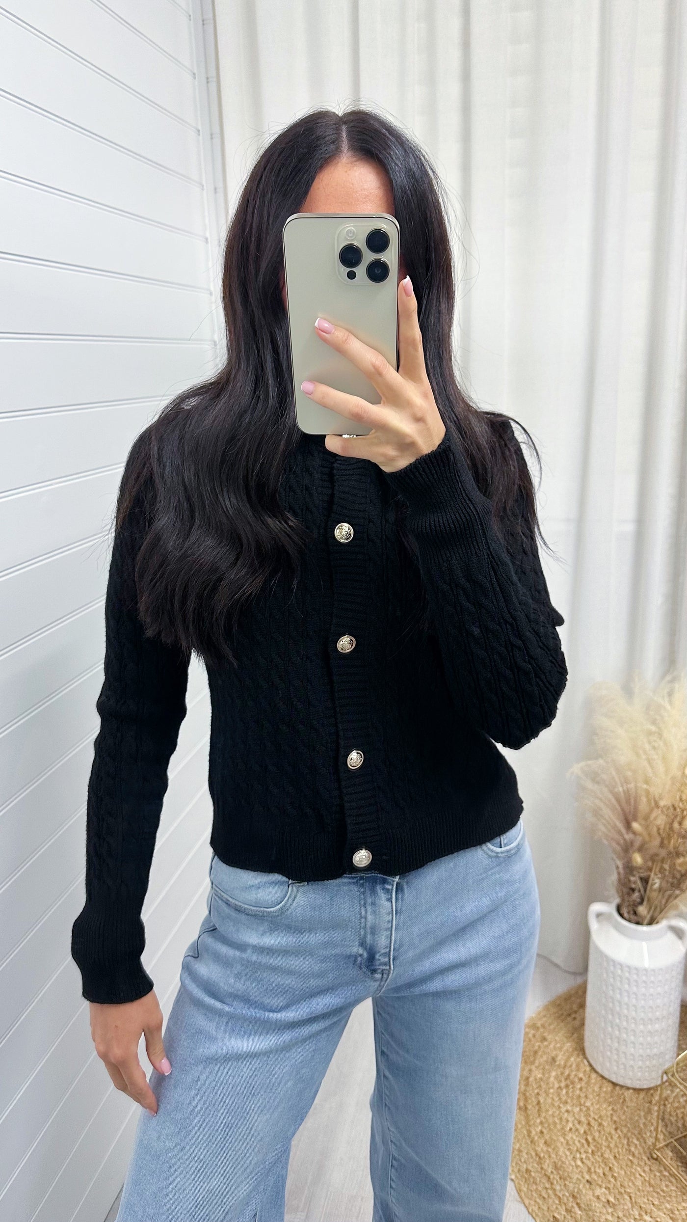 Long Sleeve Gold Button Cable Knit Cardigan - BLACK