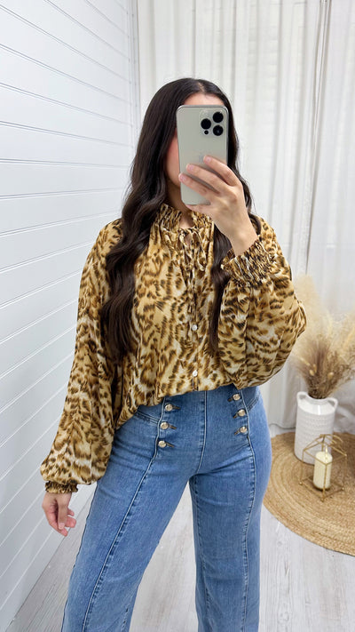 Shirred Collar Animal Print Balloon Sleeve Blouse - CHEETAH PRINT