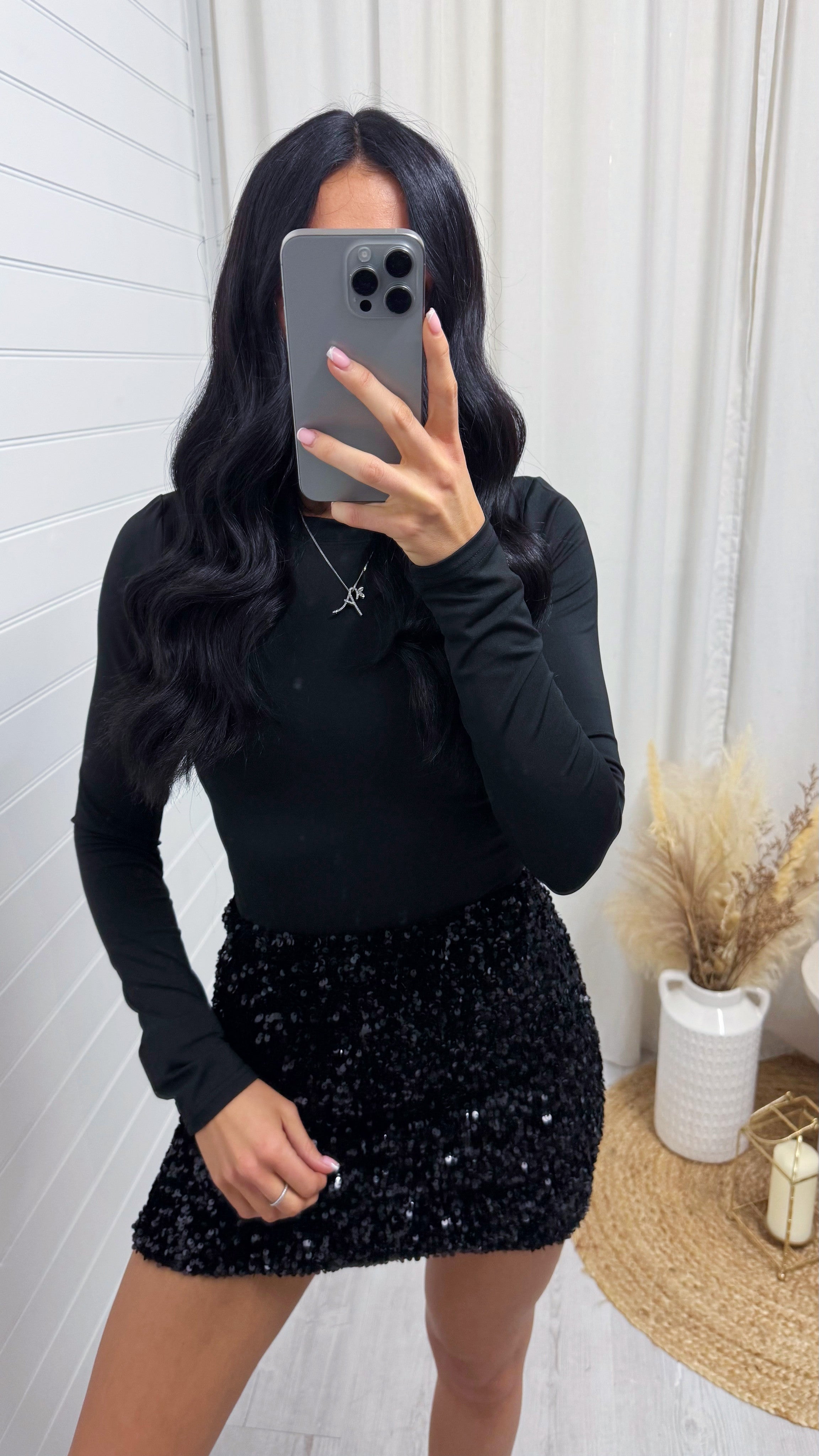 Velvet Sequin Mini Skirt - BLACK