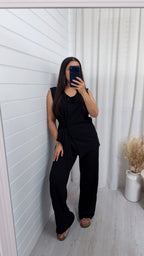 Wrap Over Sleeveless Top and Trousers Co-Ord - BLACK