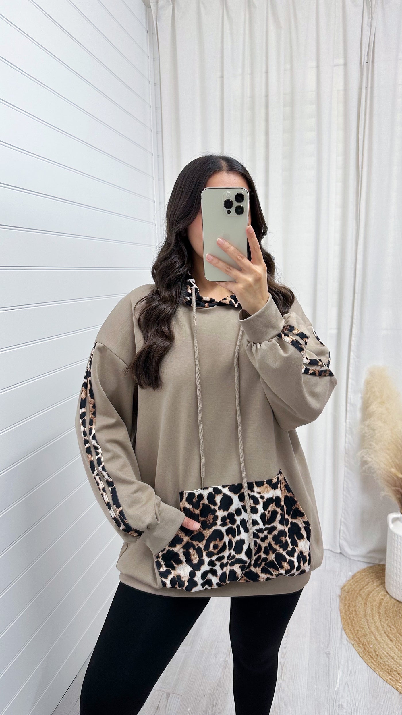 Oversized Leopard Contrast Hoodie - MOCHA