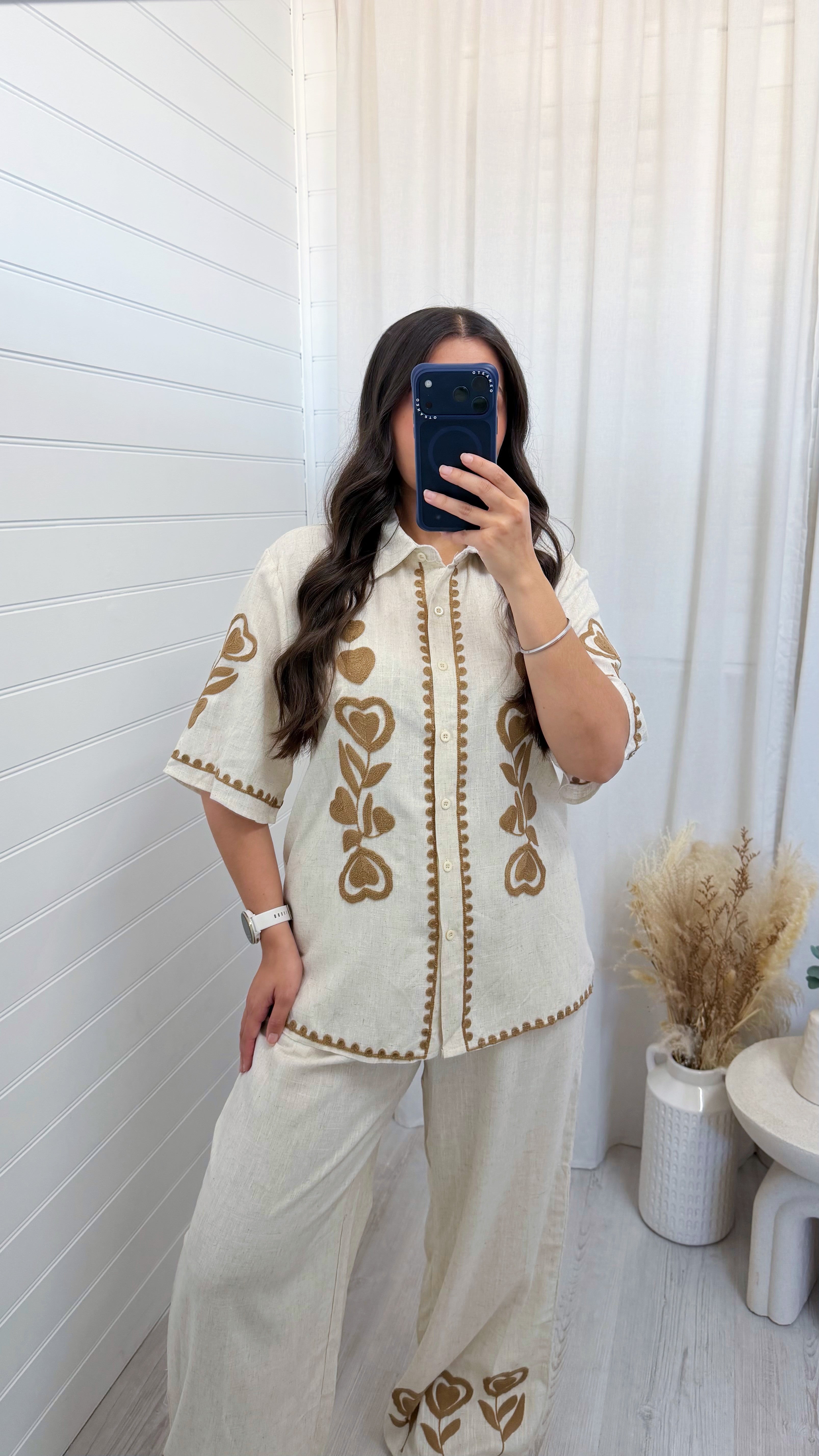 Embroidered Linen Shirt and Trousers Co-Ord - BEIGE