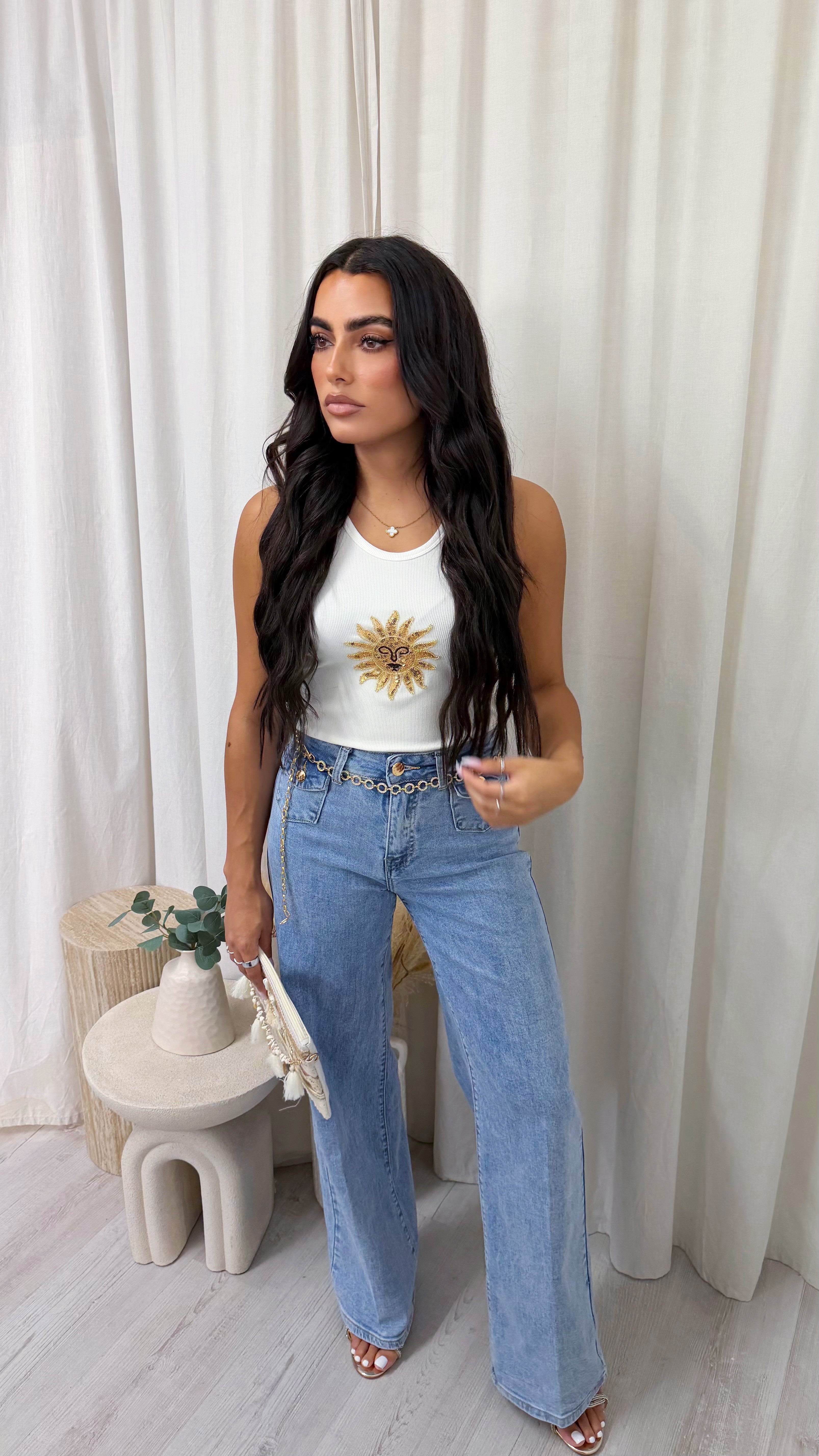 Celestial Sun Beaded Rib Vest Top - WHITE