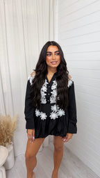 Floral Applique Shirt and Puffball Shorts Co-Ord - BLACK