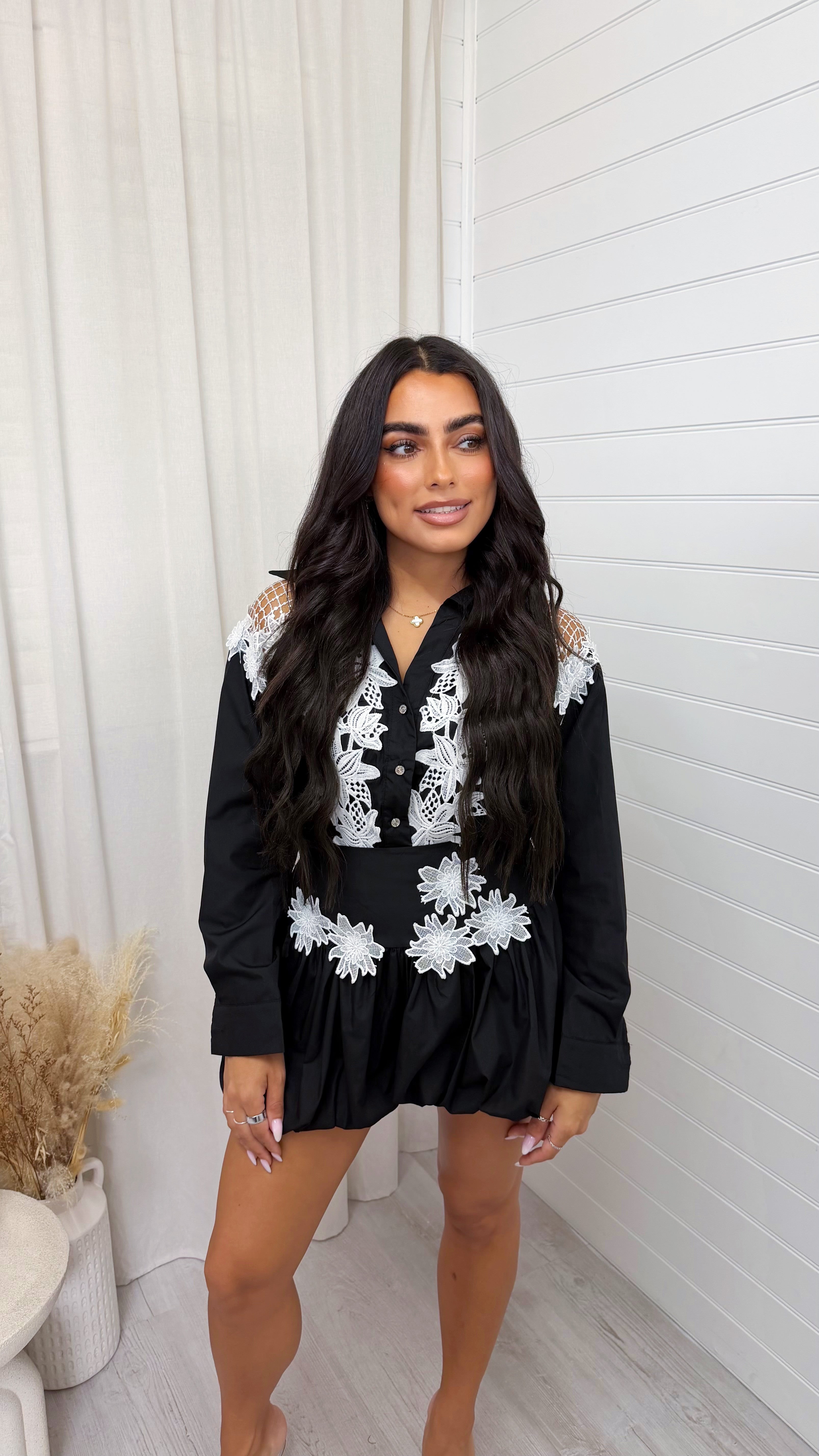 Floral Applique Shirt and Puffball Shorts Co-Ord - BLACK