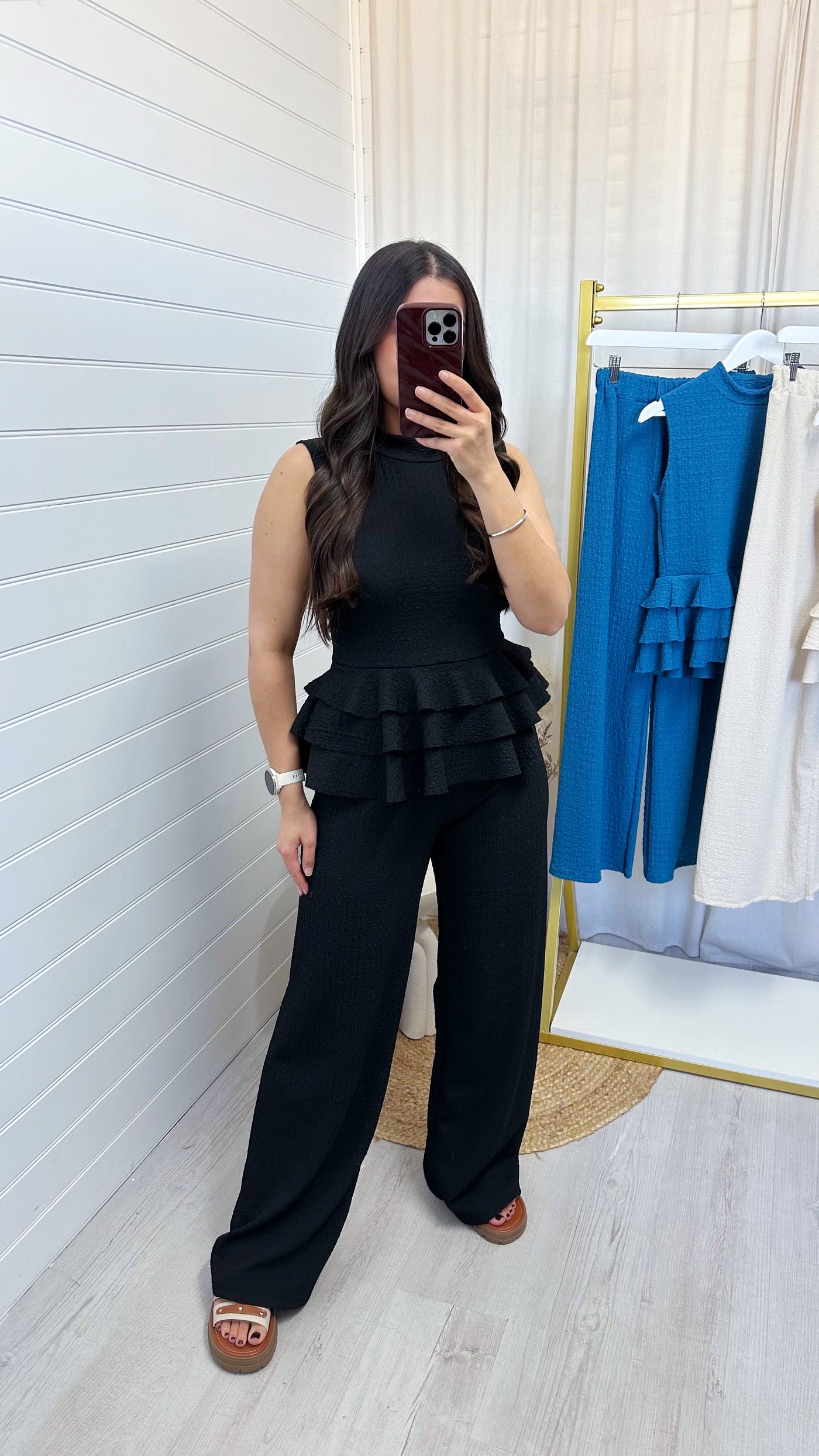 Peplum Frill Tiered Vest Top and Trousers Co-Ord - BLACK