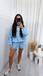 Bandana Print Satin Bomber Jacket and Shorts Co-Ord - BABY BLUE