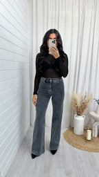 High Waisted Seam Front Flared Jeans - CHARCOAL